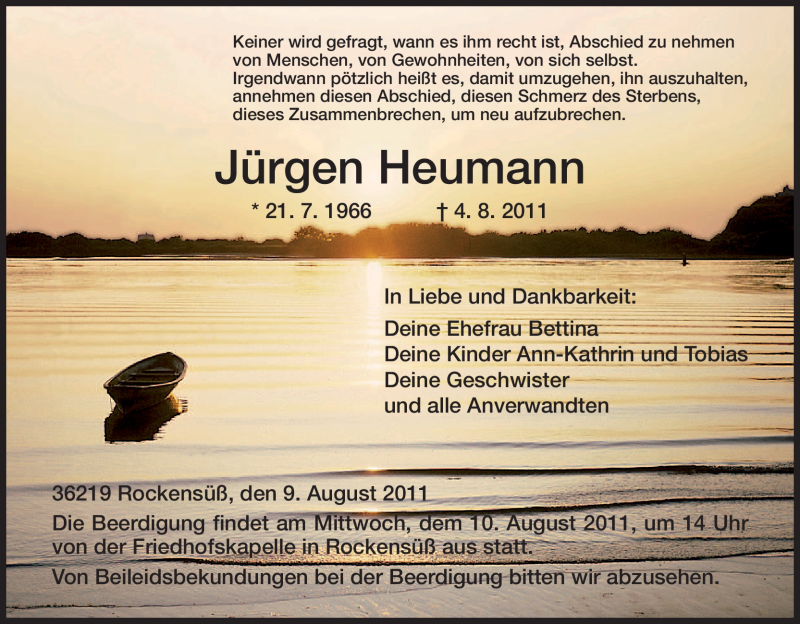  Traueranzeige für Jürgen Heumann vom 09.08.2011 aus HNA