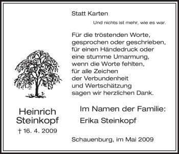 Traueranzeige von Heinrich Steinkopf von HNA