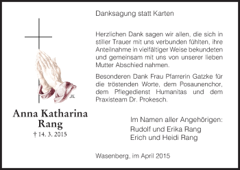 Traueranzeige von Anna Katharina Rang von HNA