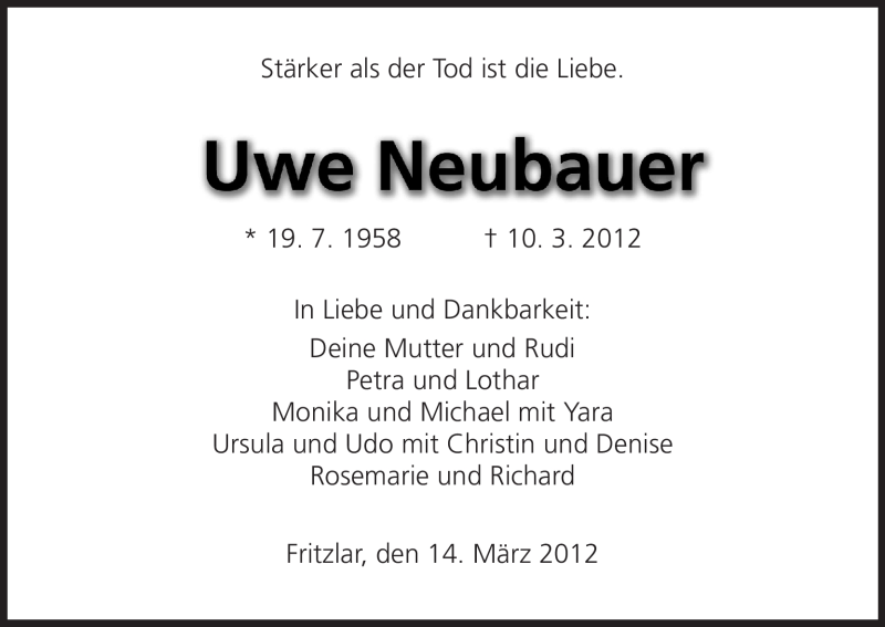  Traueranzeige für Uwe Neubauer vom 14.03.2012 aus HNA