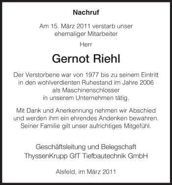 Traueranzeige von Gernot Riehl von HNA