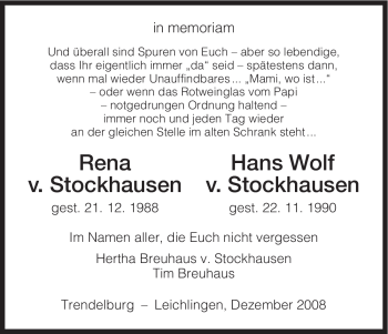 Traueranzeige von Hans Wolf von Stockhausen von HNA