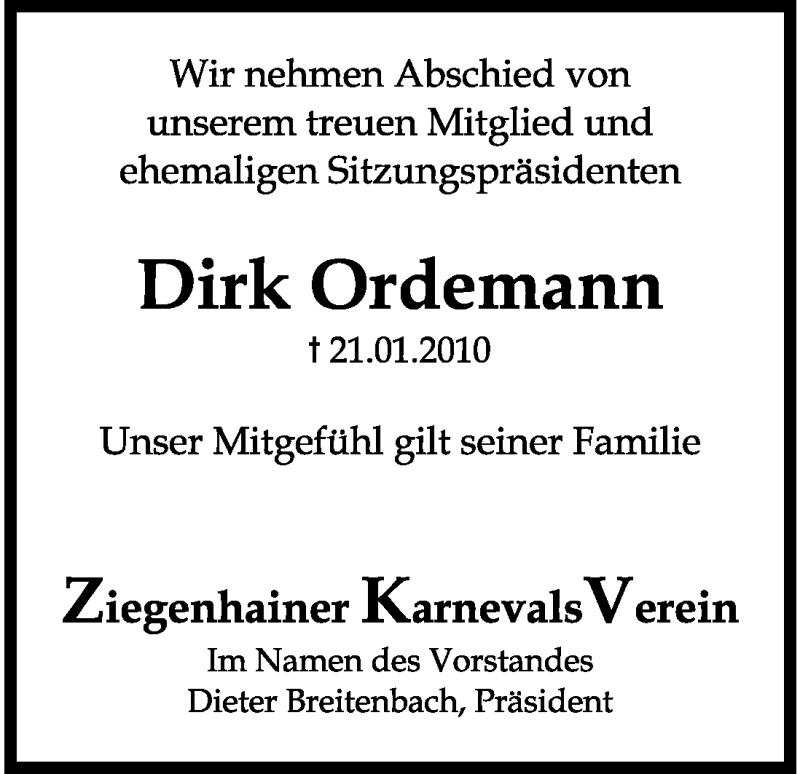  Traueranzeige für Dirk Ordemann vom 26.01.2010 aus HNA