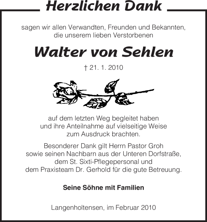  Traueranzeige für Walter von Sehlen vom 13.02.2010 aus HNA