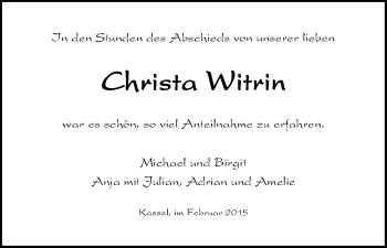 Traueranzeige von Christa Witrin von HNA