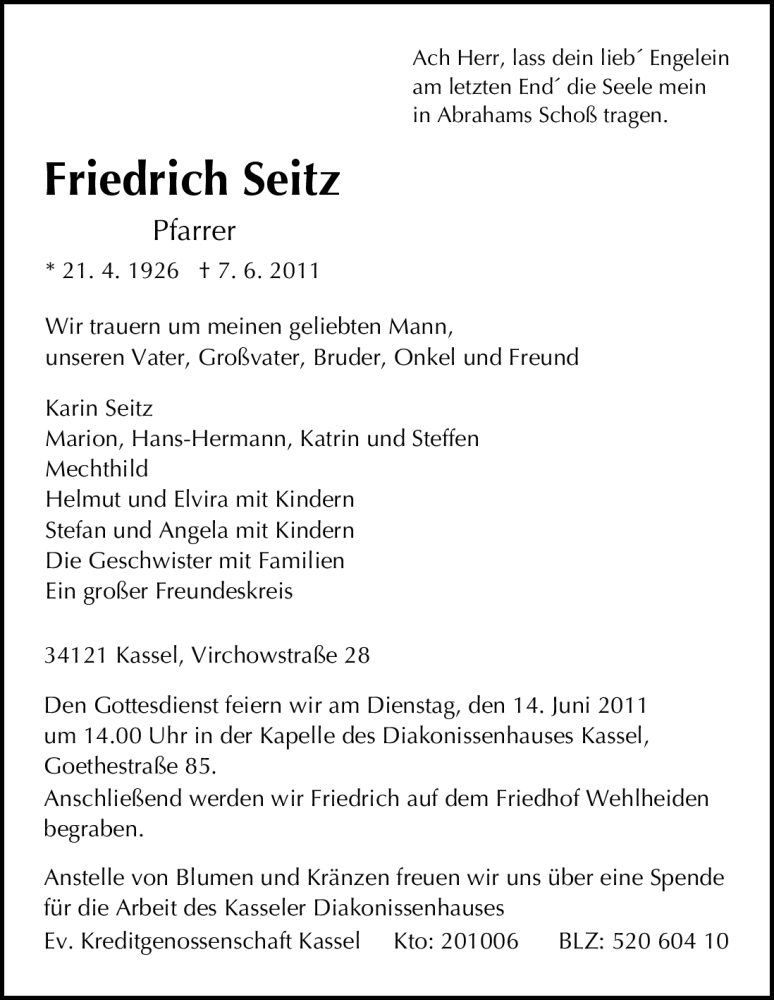 Traueranzeige für Friedrich Seitz vom 10.06.2011 aus HNA