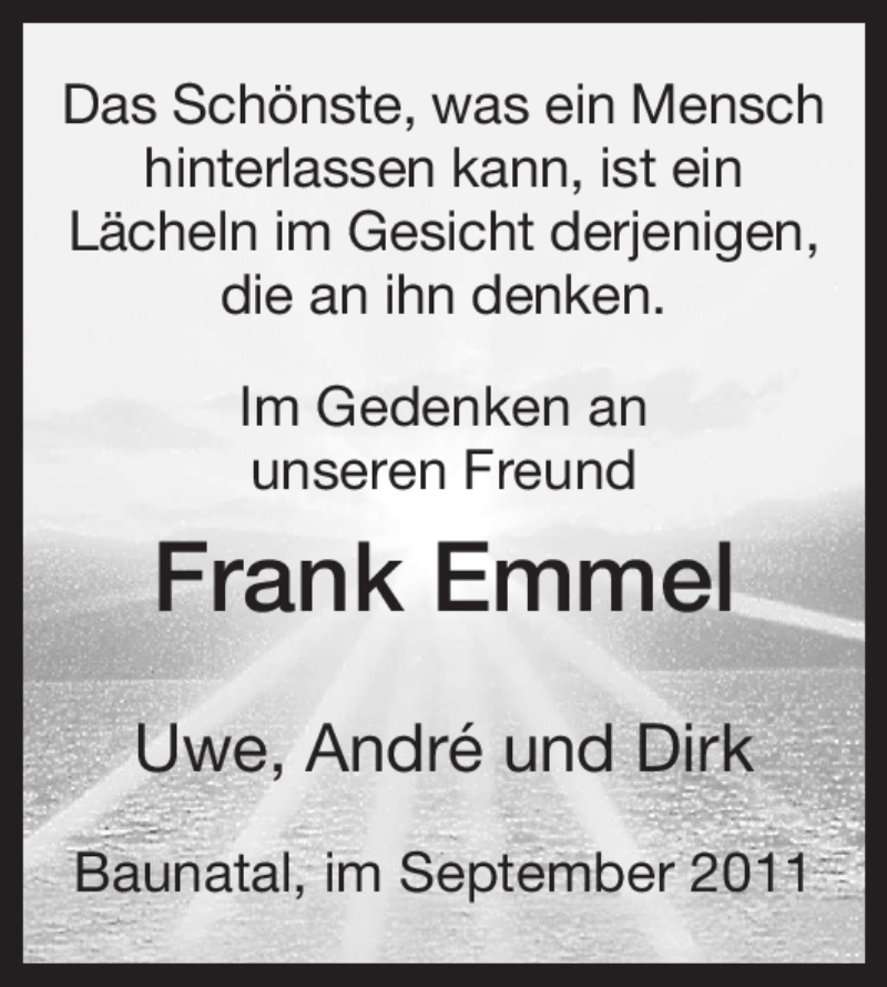  Traueranzeige für Frank Emmel vom 10.09.2011 aus HNA