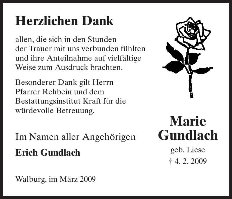  Traueranzeige für Marie Gundlach vom 05.03.2009 aus HNA
