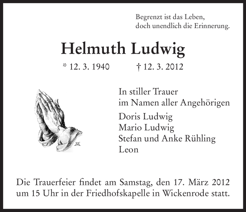  Traueranzeige für Helmuth Ludwig vom 15.03.2012 aus HNA