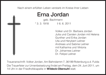 Traueranzeige von Erna Jordan von HNA
