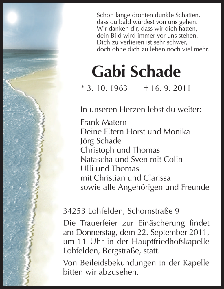  Traueranzeige für Gabi Schade vom 19.09.2011 aus HNA