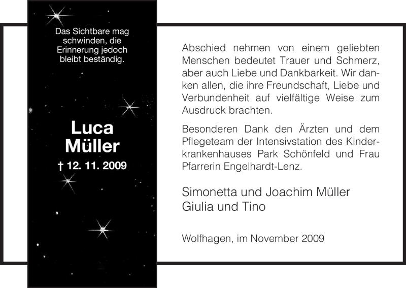  Traueranzeige für Luca Müller vom 28.11.2009 aus HNA