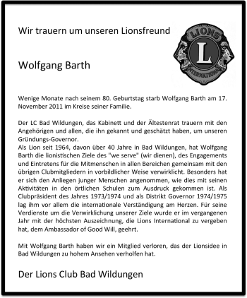 Traueranzeige von Wolfgang Barth von HNA