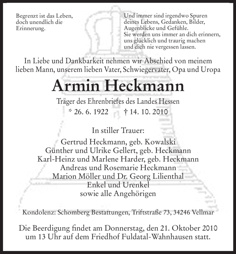  Traueranzeige für Armin Heckmann vom 19.10.2010 aus HNA