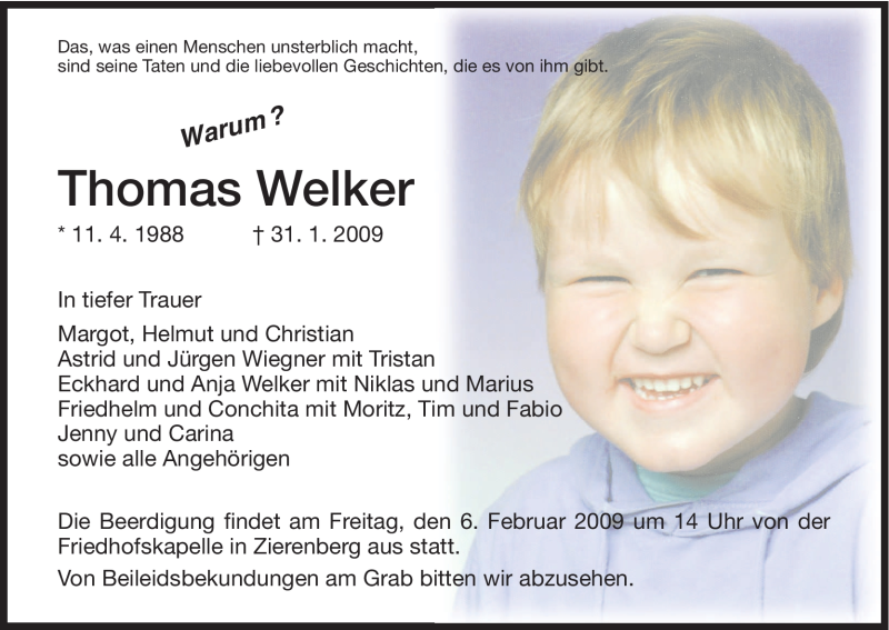  Traueranzeige für Thomas Welker vom 04.02.2009 aus HNA