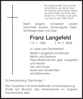 Traueranzeige von Franz Langefeld von HNA