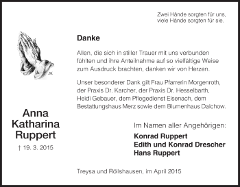 Traueranzeige von Anna Katharina Ruppert von HNA