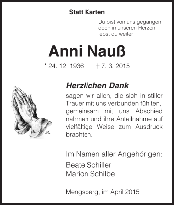 Traueranzeige von Anni Nauß von HNA