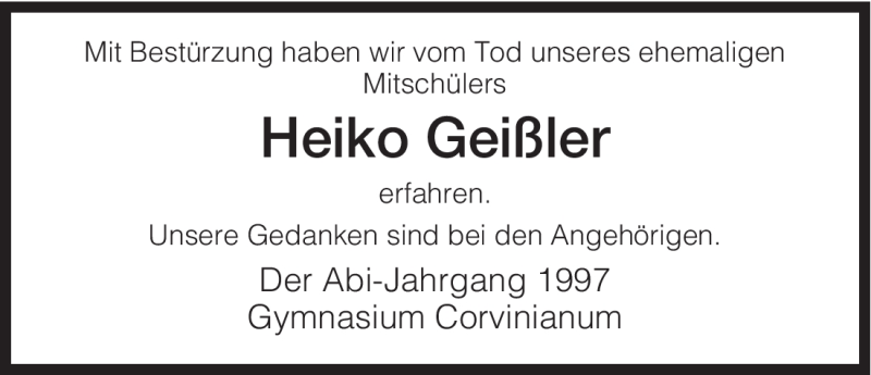  Traueranzeige für Heiko Geißler vom 31.10.2008 aus HNA