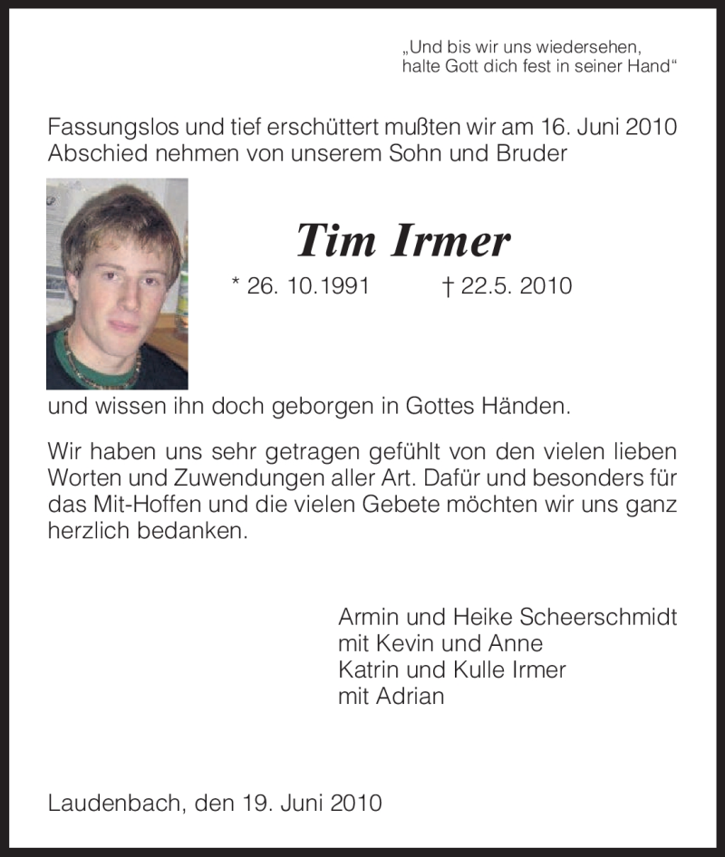  Traueranzeige für Tim Irmer vom 19.06.2010 aus HNA