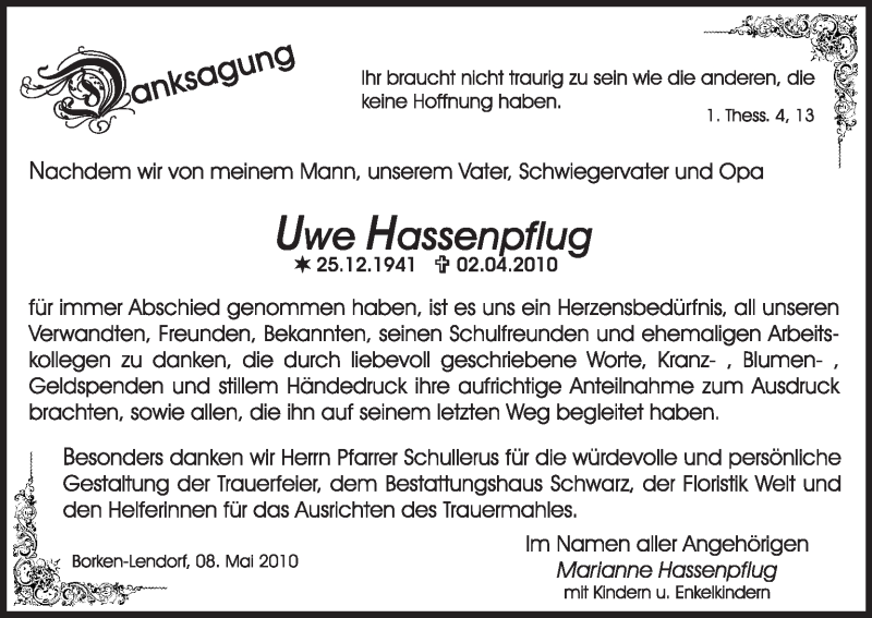  Traueranzeige für Uwe Hassenpflug vom 08.05.2010 aus HNA