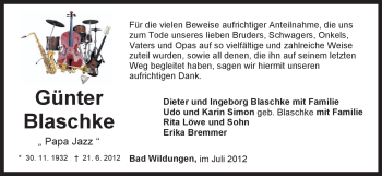 Traueranzeige von Günter Blaschke von HNA