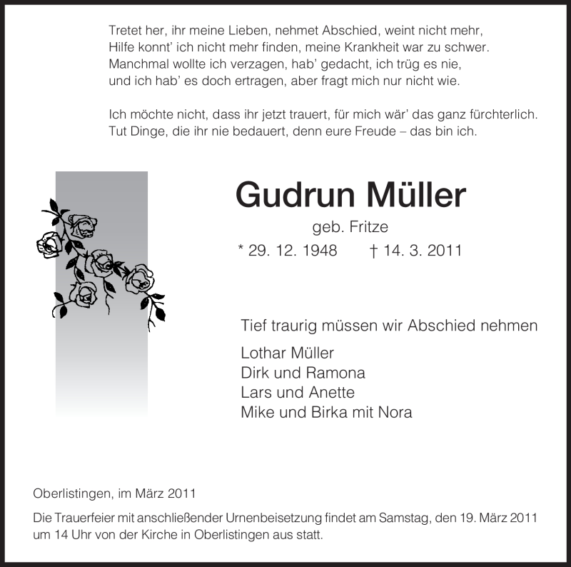  Traueranzeige für Gudrun Müller vom 17.03.2011 aus HNA