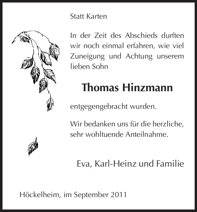  Traueranzeige für Thomas Hinzmann vom 03.09.2011 aus HNA