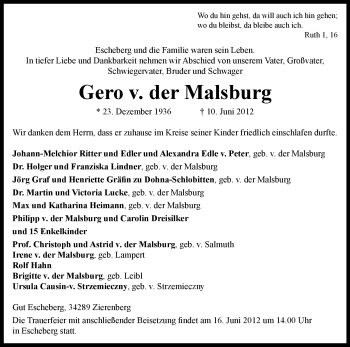 Traueranzeige von Gero v. der Malsburg von HNA