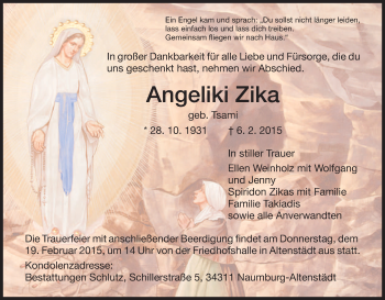 Traueranzeige von Angeliki Zika von HNA