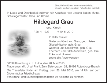 Traueranzeige von Hildegard Grau von HNA
