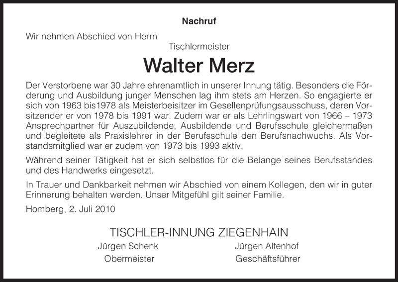  Traueranzeige für Walter Merz vom 05.07.2010 aus HNA