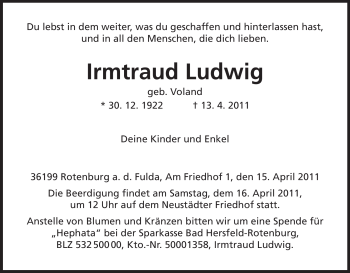 Traueranzeige von Irmtraud Ludwig von HNA