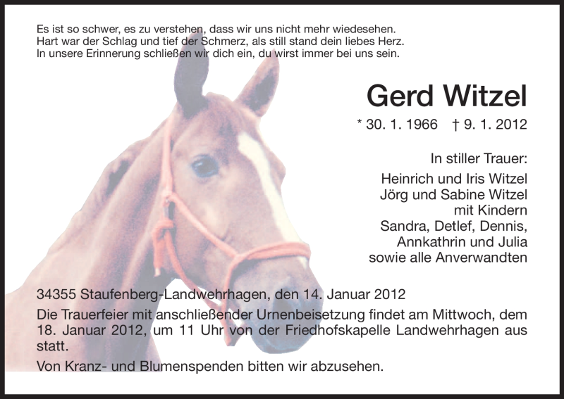  Traueranzeige für Gerd Witzel vom 14.01.2012 aus HNA