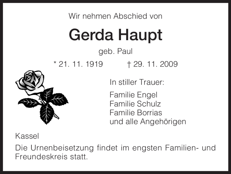  Traueranzeige für Gerda Haupt vom 05.12.2009 aus HNA