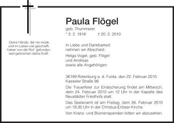 Traueranzeige von Paula Flögel von HNA