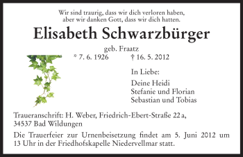 Traueranzeige von Elisabeth Schwarzbürger von HNA