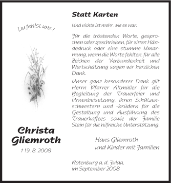 Traueranzeige von Christa Gliemroth von HNA
