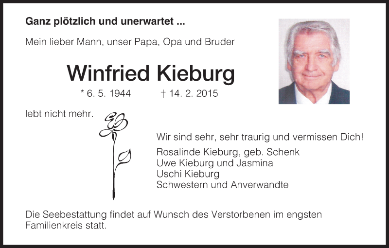  Traueranzeige für Winfried  Kieburg vom 17.02.2015 aus HNA