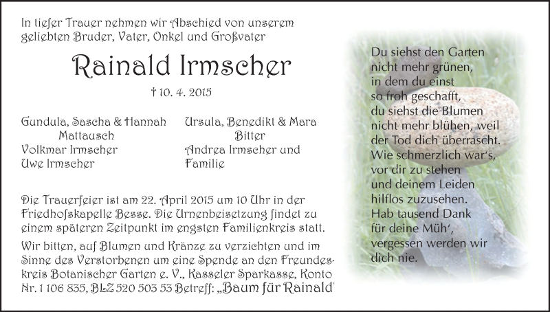  Traueranzeige für Rainald Irmscher vom 18.04.2015 aus HNA