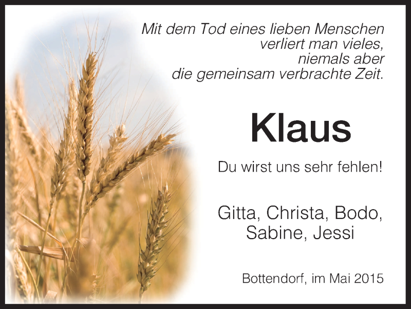  Traueranzeige für Klaus  vom 28.05.2015 aus HNA