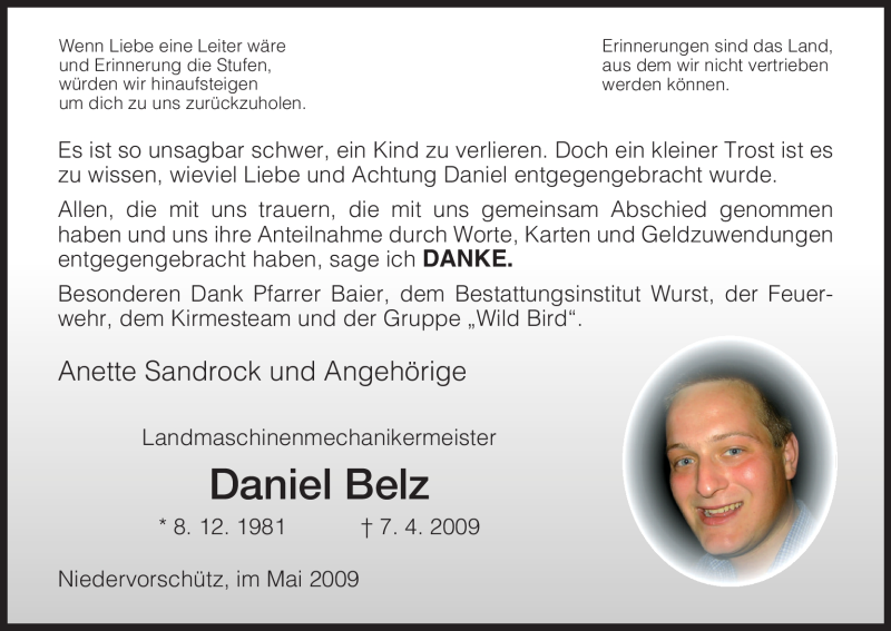  Traueranzeige für Daniel Belz vom 16.05.2009 aus HNA