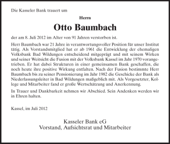 Traueranzeige von Otto Baumbach von HNA
