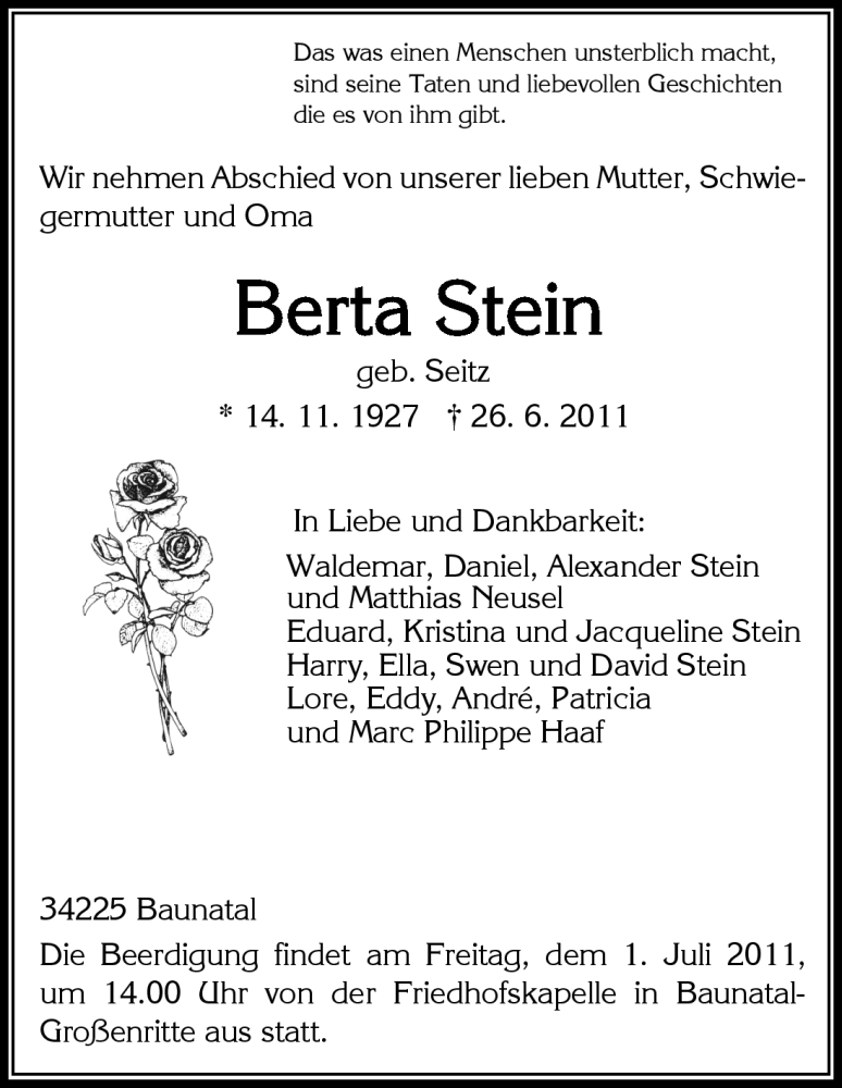  Traueranzeige für Berta Stein vom 29.06.2011 aus HNA