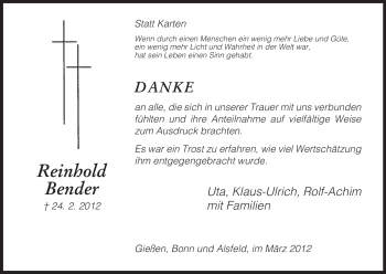 Traueranzeige von Reinhold Bender von HNA