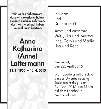 Traueranzeige von Anna Katharina Lattermann von HNA