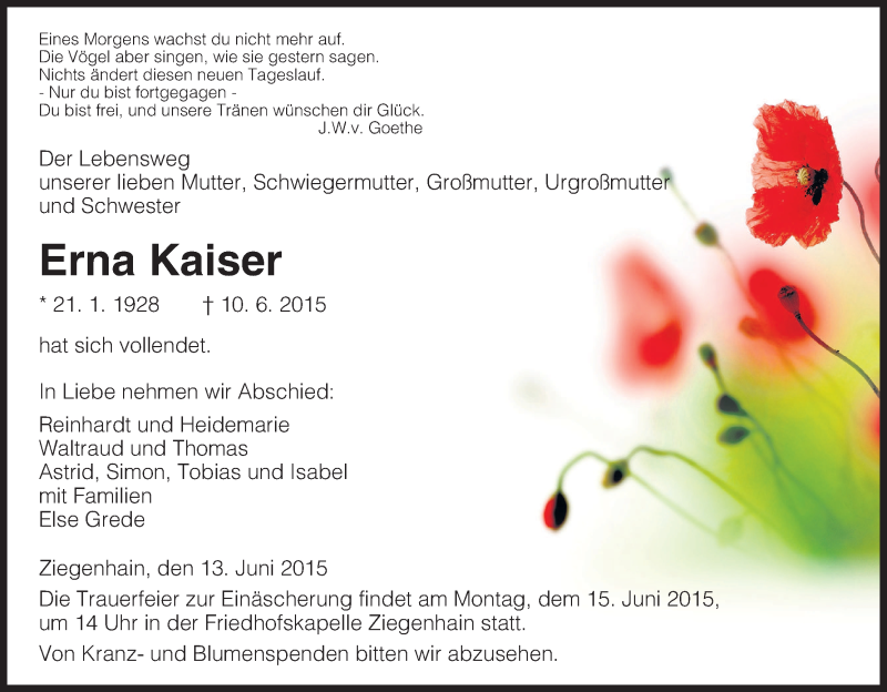  Traueranzeige für Erna Kaiser vom 13.06.2015 aus HNA