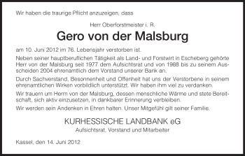 Traueranzeige von Gero von der Malsburg von HNA