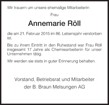 Traueranzeige von Annemarie Röll von HNA
