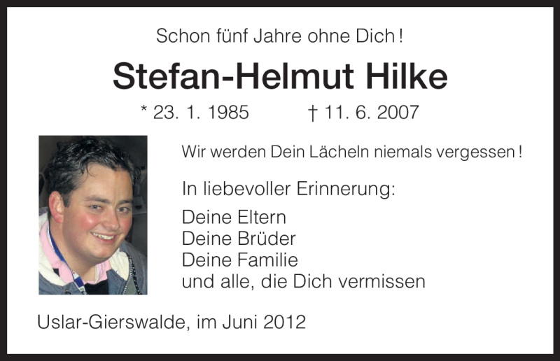  Traueranzeige für Stefan-Helmut Hilke vom 11.06.2012 aus HNA